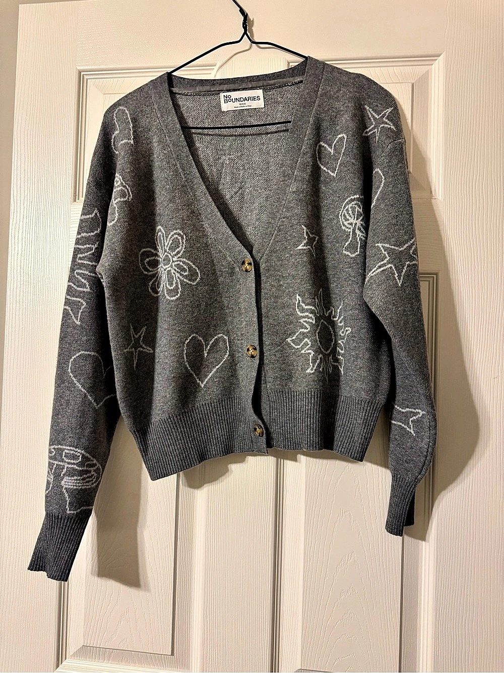 No Boundaries Doodle Print Cardigan Sweater Gray XS